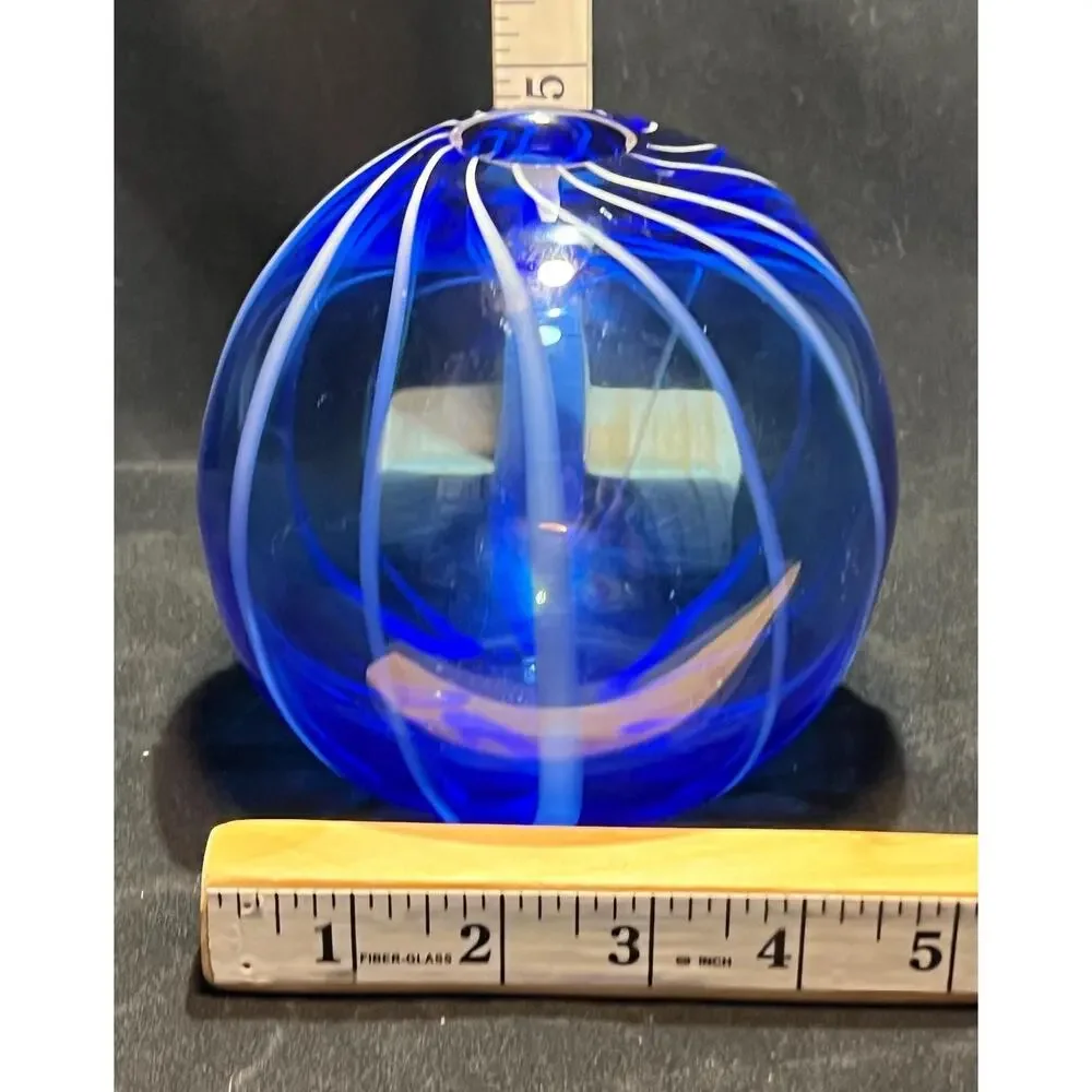 Hand Blown, Cobalt Blue and White Cane, Globe Vase